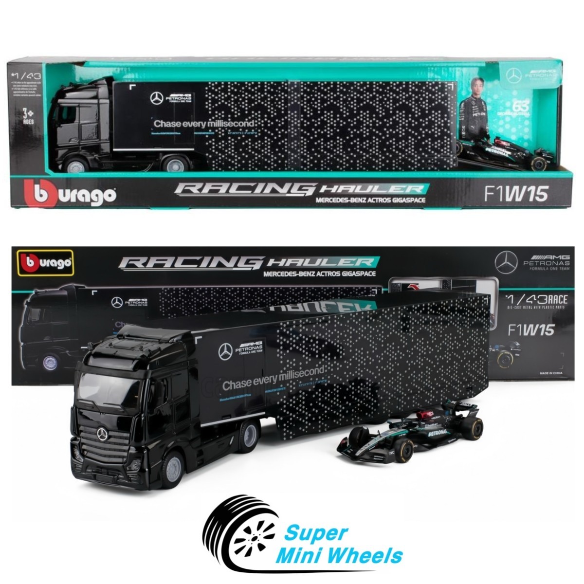 Bburago 1:43 Mercedes-Benz Actros Gigaspace & F1W15 #63 Russell