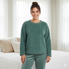 Joyspun Women's M Plush Pajama Set 2PC Green Long Sleeve Top Pants Soft Cozy