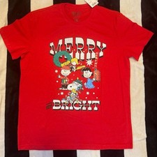 Peanuts Merry And Bright Christmas T-Shirt - Red -Large -Snoopy, Charlie Brown