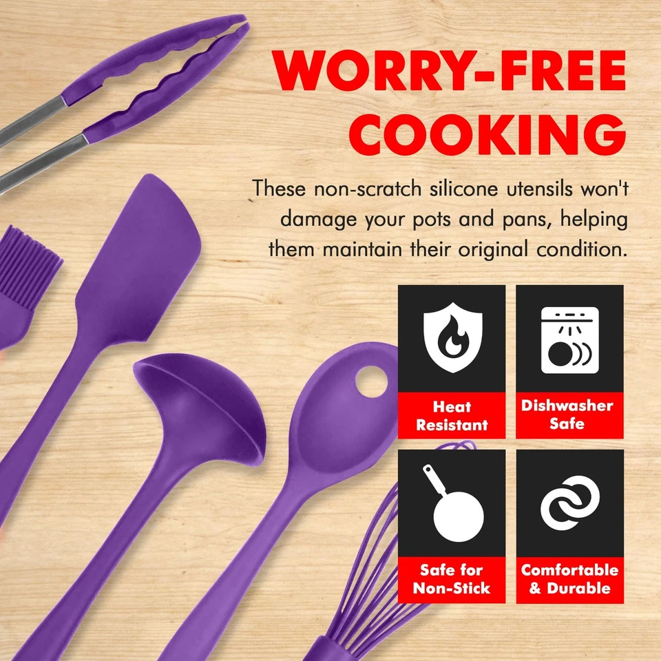9 Piece Purple Silicone Kitchen Utensil Set Heat Resistant Dishwasher Safe Tools - Image 3 of 4