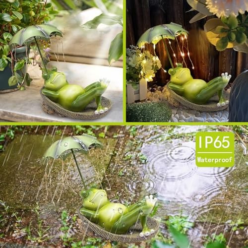 Frogs Garden Outdoor Decor Statue - Solar Frog Umbrella Pond Statues LED - Picture 4 of 7