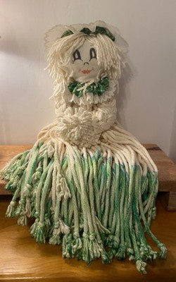 Vintage Handmade Mop Doll Country Folk Art, White & Green, Has Bonnet