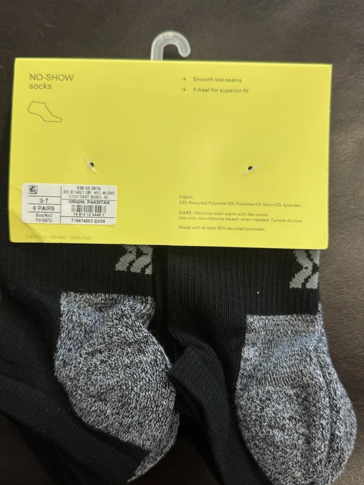 NWT All In Motion No-Show 6 Pack Socks Size Size L Shoes Size 3-7 Black Gray - Image 2 of 4