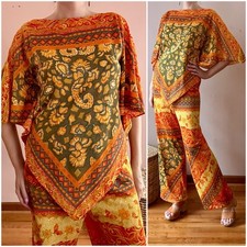 Vintage 70s Hippie Boho Orange Yellow Paisley Wide Leg Bell Bottom Pant Set M L