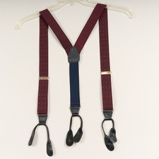 Vintage Suspenders Burgundy Dot Ribbon Leather Button Style Adjustable England