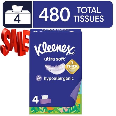 Kleenex Ultra Soft Facial Tissues, 4 Flat Boxes, 120 Tissues per Box, 3-Ply