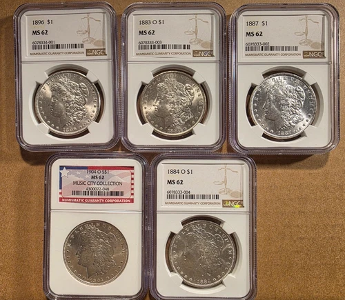(5) NGC MS 62 1884-O, 1904-O, 1887, 1883-O, 1896  Morgan Dollars.   Nice!
