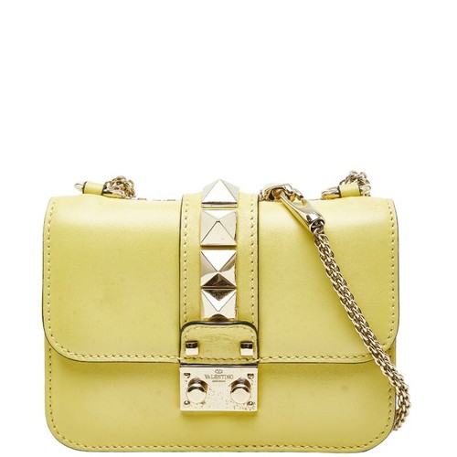 Valentino Rockstud Chain Mini Shoulder Bag Leather Yellow Women Used Authentic