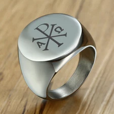 Fashion Silver Men Male Signet Ring Chi Rho Alpha Symbol Gift Stainless Steel