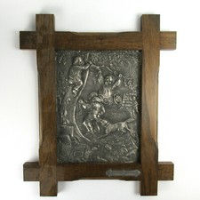 SKS DEsign Zinn Wandkachel Holzrahmen Eiche Motiv LAUSBUBEN Pewter Wall Plaque