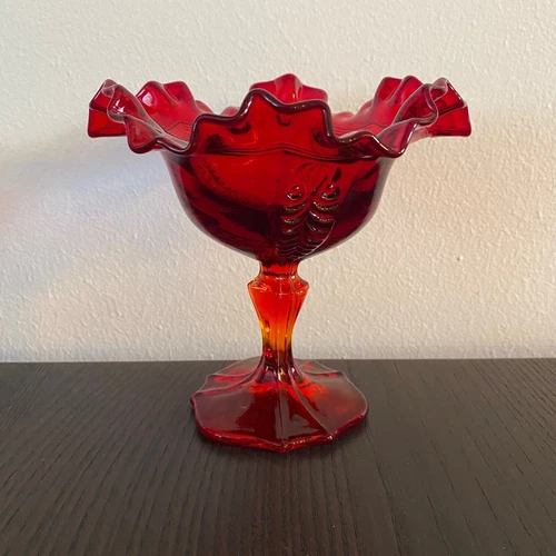 Fenton Ruby Red Glass Ruffled Vase Stemmed Candy Trinket Dish