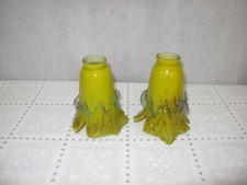 Pair of Hand Blown Glass Tulip Shades Overlay Green Brown