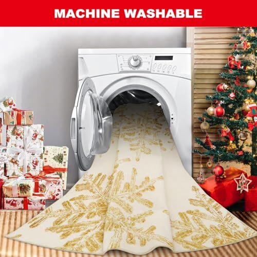 Snowflake Christmas Round Area Rugs, NonSlip Round Rug 4ft Round Gold