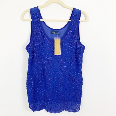 NEW Blue Rain Womens Sz Medium Blue Beaded Sleeveless Tank Top Blouse Scalloped