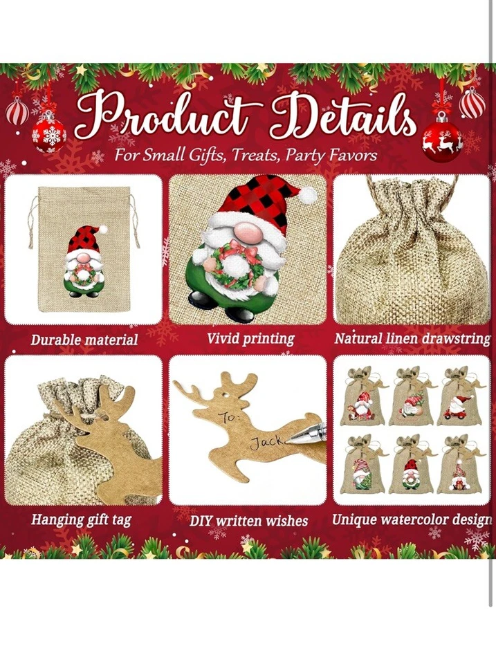 24 шт. рождественская мешковина с шнурком льняная многоразовая подарочная сумка для рождественской вечеринки - Изображение 2 из 4