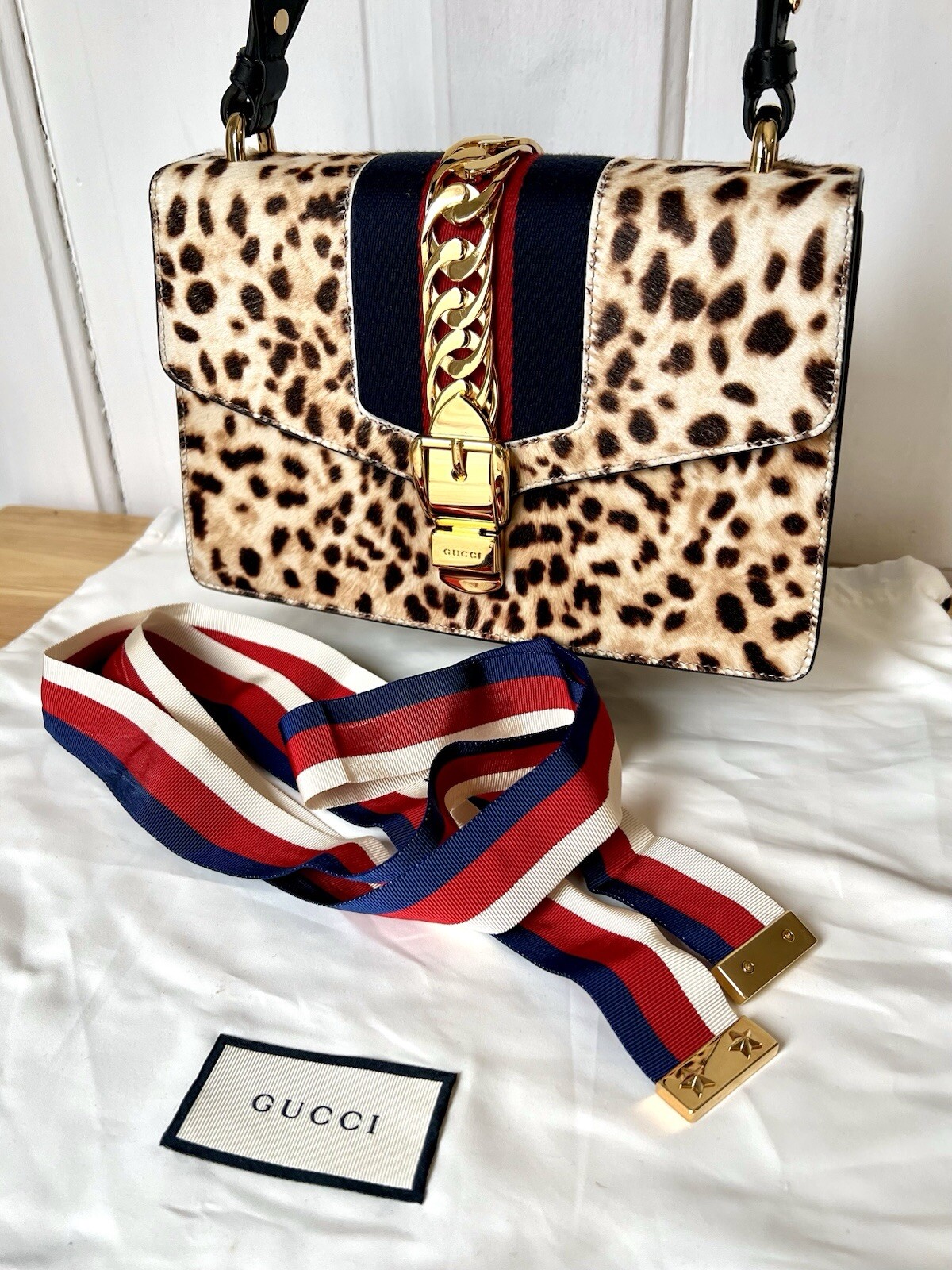 Gucci Sylvie Small Leopard Fur Nymphaea 2-Way Web Tote Handbag-image