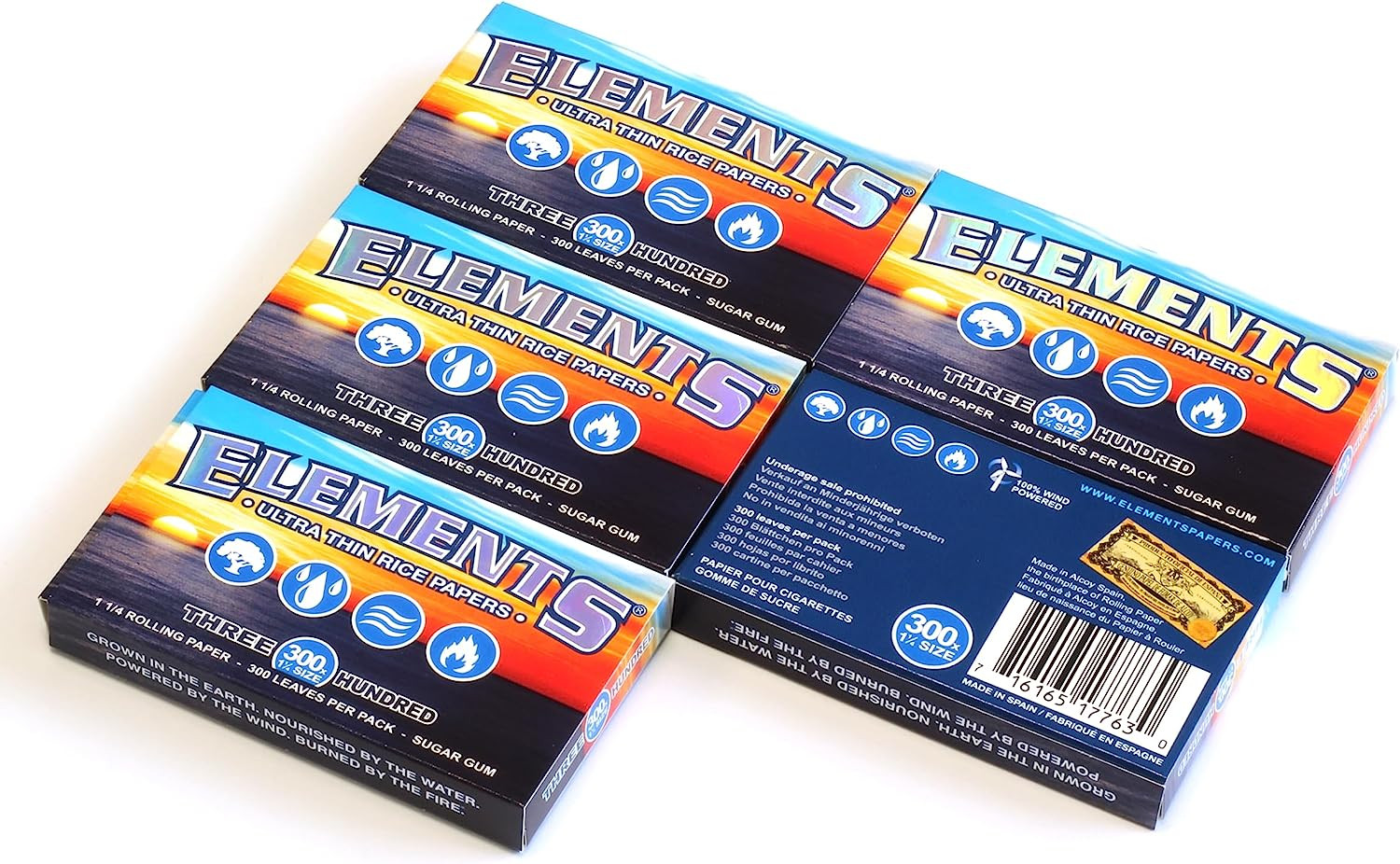 ELEMENTS 300 Ultra Thin Rice Rolling Paper 1.25 1 1/4 Size, 5 Pack = 1500 Leaves