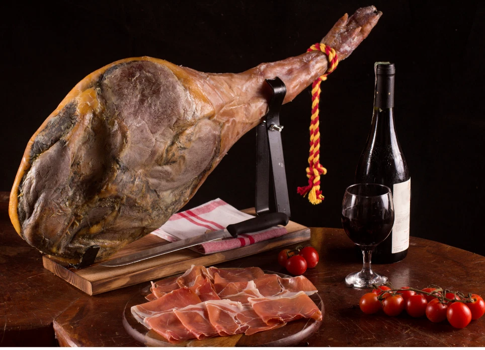 Prosciutto crudo spagnolo jamon serrano iberico dolce box con morsa  coltello 5kg