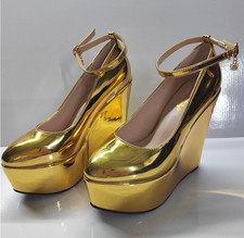 Womens Wedges High Heel Round Toe Ankle Strap Platform Gold Party Pumps Shoes