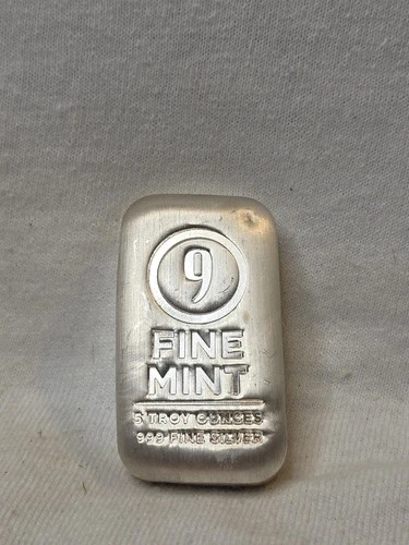 9 FINE MINT - 5 TROY OZ- .999 FINE SILVER BAR-  CAST POURED- NR AUCTION