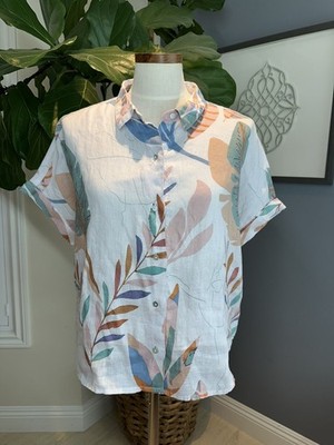 Cynthia Rowley 100% Linen Tropical Leaf Shirt w/ Buttons Womens L Coastal Resort