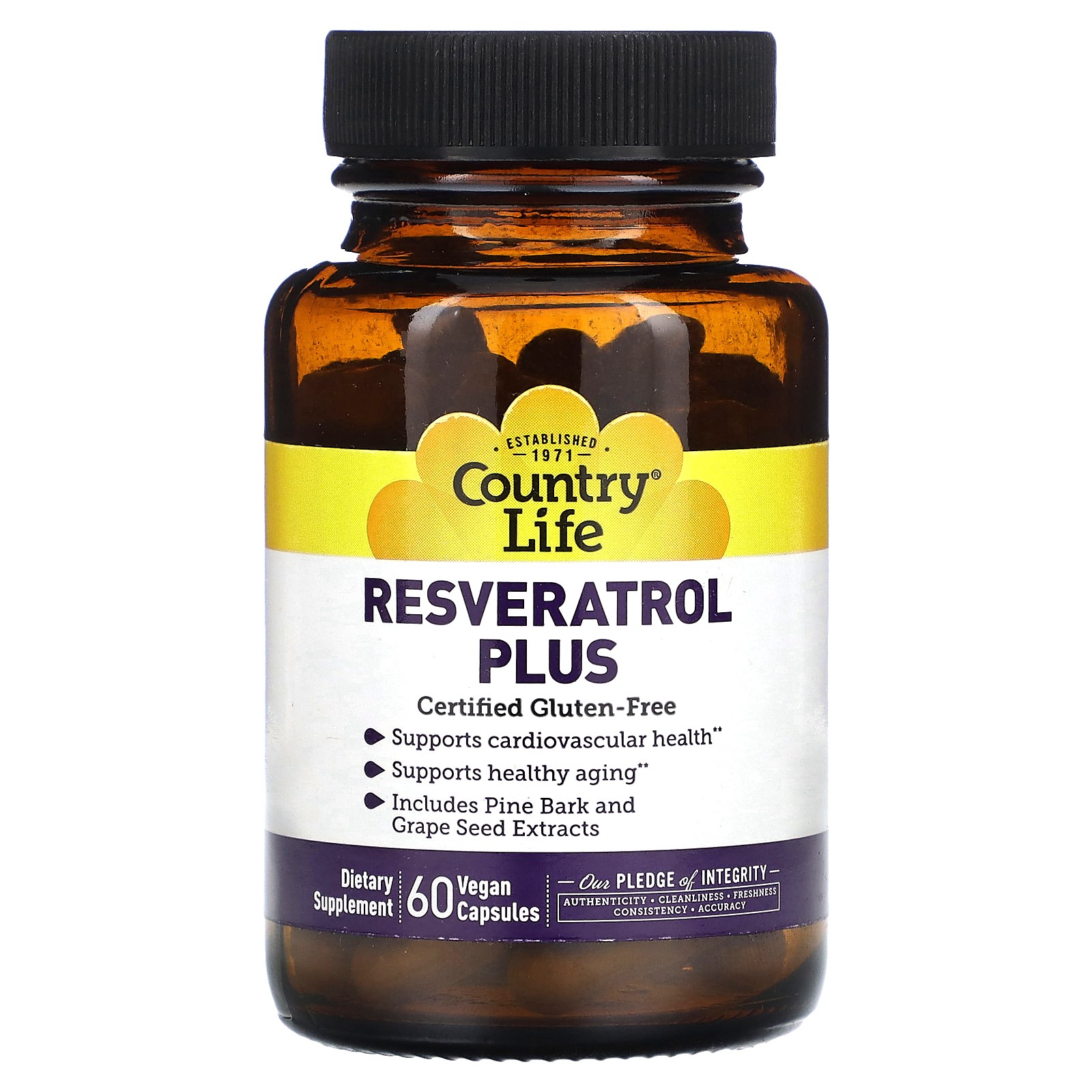 Country Life Resveratrol Plus 60 Vegan Caps Gluten-Free, GMP Quality Assured