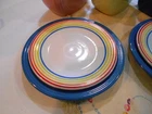 FiestaWare TWO Rainbow Striped Luncheon Plates PLUS ONE Lapis Blue 10" Plate NEW