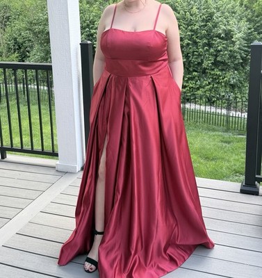 Women's Red Satin Formal Prom Gown Square Neck High Slit Zip Size 20 | eBay