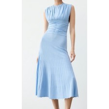 Zara Light Blue Ruched Knit Midi Dress Sleeveless Pleated Skirt Large