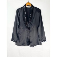 Vintage Victorias Secret 1995 Black Satin Sequin Blazer Long Sleeve Shoulder Pad