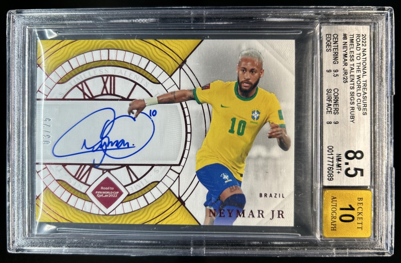 2022-23 National Treasures World Cup Neymar Jr Talents Ruby Auto #/25 BGS 8.5/10