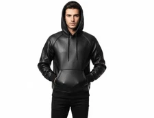 Men's Black Premium Leather Hoodie Handmade Genuine Lambskin Leather Jacket