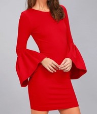 Lulus Double Flair Bodycon Dress Womens M Red Long Sleeve Mini Romantic Glam