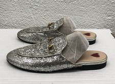 GUCCI Princetown Horsebit Mule Silver 36.5 EU 6.5 US Glitter Slip On Loafer L217