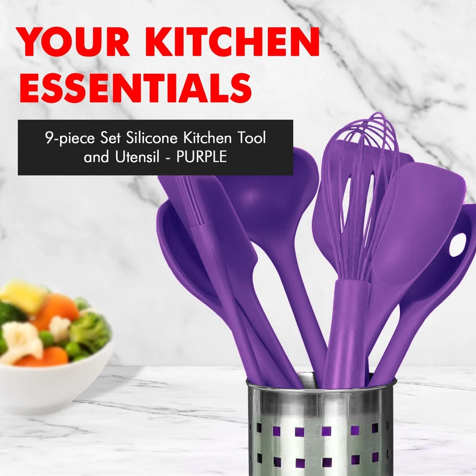 9 Piece Purple Silicone Kitchen Utensil Set Heat Resistant Dishwasher Safe Tools - Image 2 of 4