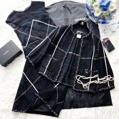 Tuta giacca tweed CHANEL blu navy check set 3 pezzi moda donna