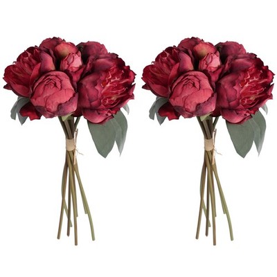 2 Bouquets Red Peonies Silk Flowers 14 Heads Faux Peony Wedding Decor