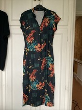 Black Straight Oriental Dress Size 10-12-14 approx Mandarin Collar Capped Sleeve