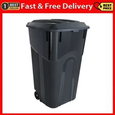 Hyper Tough 32 Gallon Wheeled Heavy Duty Plastic Garbage Can, Attached Lid, Blac