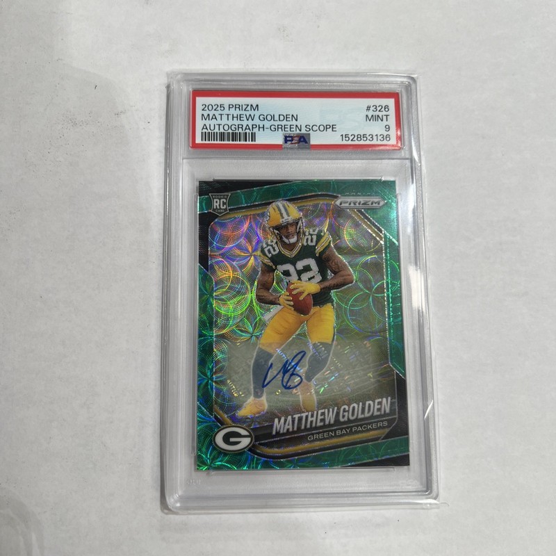 2025 PANINI PRIZM AUTO-GREEN SCOPE #326 MATTHEW GOLDEN ROOKIE RC 51/75 PSA 9