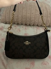  Signature Crescent Shoulder Bag Brown Black Zip Gold Chain Strap