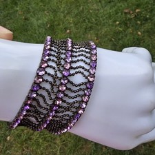 Purple Pink 3 Row Rhinestone Stretch Bracelet Gunmetal Beaded Fringe Wide 7"