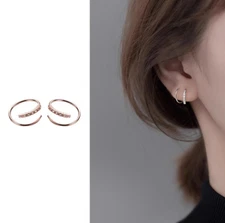 Women MINIMALIST CRYSTAL SPIRAL Curve LINE SILVER PIERCED EARRINGS HOOP Stud I79