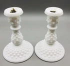 Pair of 6" Single Light Candlesticks Hobnail Milk Glass with Fenton Stickers