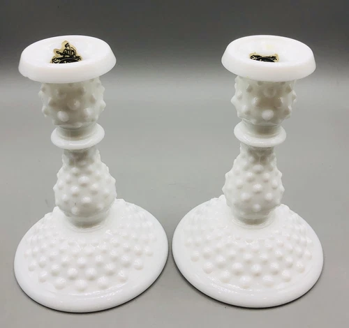 Pair of 6" Single Light Candlesticks Hobnail Milk Glass with Fenton Stickers