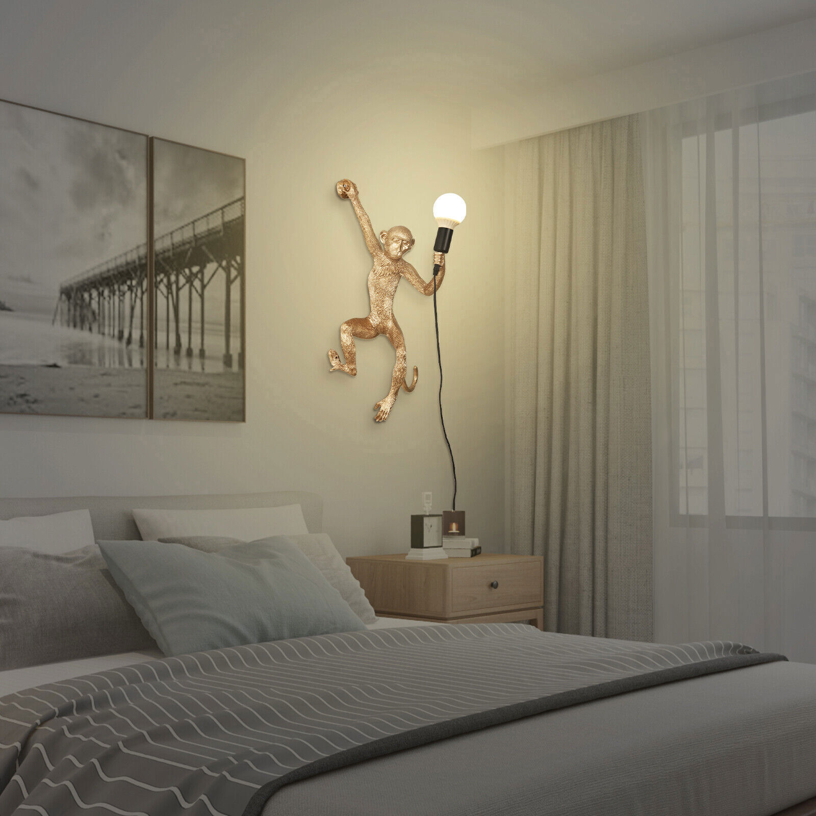 Monkey Shape Wall Light Vintage Golden Table Lamp Resin Sconce Lamp Fixture USA