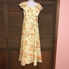 VTG HANDMADE LONG MAXI DRESS GOWN;1970s;FULLY LINED;BEIGE/TAN/ORANGE FLORAL;12 