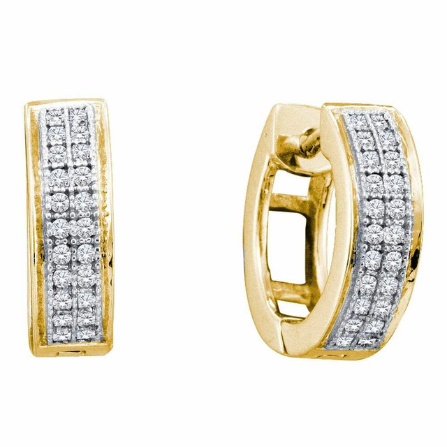 10k Yellow Gold Womens Round Diamond Double Row Huggie Hoop Earrings 1/