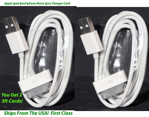 Apple Sync Charger Cord Get 2 - for Ipad Ipod Iphone - 3 foot - 30 Pin Gen 1 & 2 - Picture 1 of 4