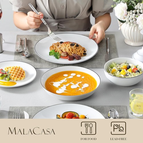 Stackable Premium White Dinnerware with Black Rim - 24 Pieces for Upscale Dining - Picture 5 of 10